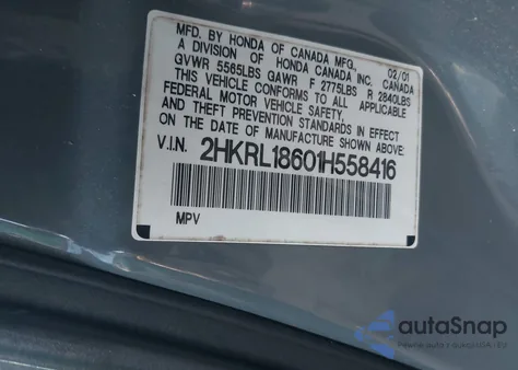 2001 Honda Odyssey Ex z USA, uszkodzony, nr VIN 2HKRL18601H558416